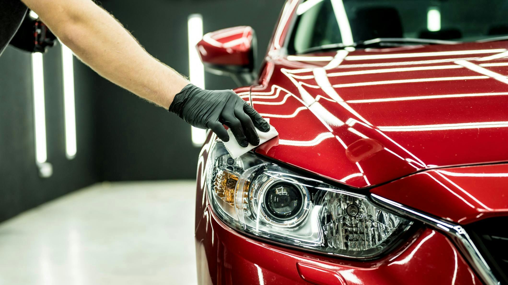 A gloved hand cleans the headlight and hood of a shiny red car with a cloth in a well-lit detailing studio.